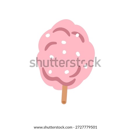 Cotton candy, floss. Sweet sugar food, kids festival dessert. Fluffy soft sugary snack, confectionery. Park treat decorated with sprinkles. Flat vector illustration isolated on white background