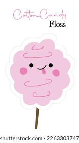 Cotton candy floss vector sticker in cartoon style. Can be used for posters, banners, packing and packages, advertisement. 