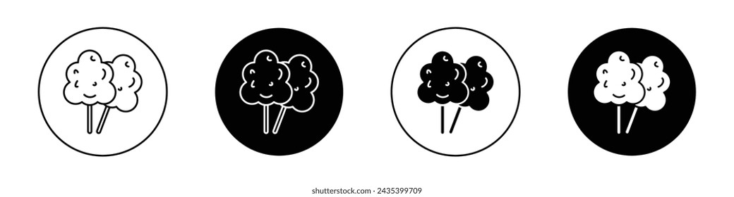 Conjunto de iconos de algodón dulce. Símbolo vectorial de hilo dental de algodón Sugar Candy en un estilo relleno y perfilado negro. Signo caprichoso del tratamiento del Candyfloss.