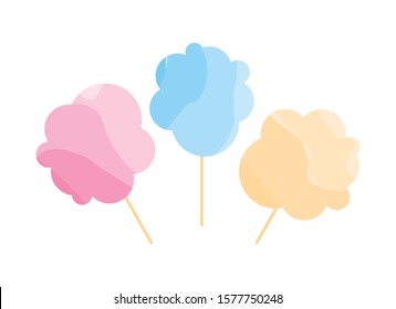 Cotton Candy icon set vector. Multicolored cotton candy isolated on a white background. Abstract candyfloss vector. Pink, blue and yellow cotton candy icon set. Sugary cloud icon