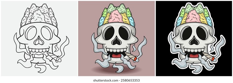 Cotton Candy Inside Skull Head With Smoking Character Cartoon. Black White, Colorful and Sticker Style. For T shirt print, Brand Logo, Label and Mascot product. Vectors Illustrations