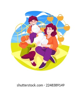 Cotton candy isolated cartoon vector illustration. Family eating cotton candy together, tearing off peaces, amusement park tradition, funfair weekend, sweet leisure time vector cartoon.