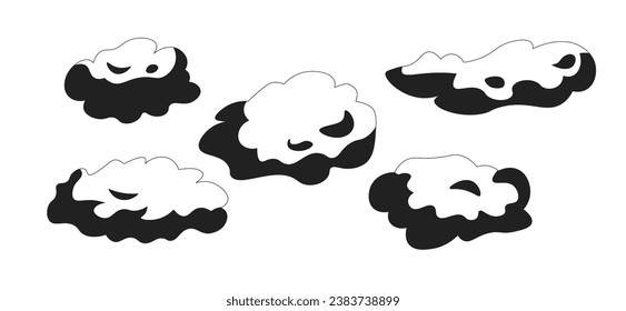 Caramelos de algodón como nubes esponjosas objetos de dibujos animados 2D en blanco y negro. Batir el elemento de contorno vectorial aislado de paisajes nublados. Ambiente mágico. Ilustración unocromática plana del pronóstico meteorológico de ensueño