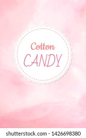 Cotton candy logo, fluffy candyfloss of pink color. Vector raspberry, cherry or strawberry taste confectionery made of sugar, candy background, summer trip for kids