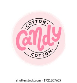 COTTON CANDY logo. Text lettering for sweet cotton candy dessert on stick for kids. Hand drawn vector illustration for your design. Print poster, flyers, stickers, tee, shirt. Pink color.