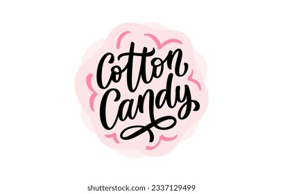 COTTON CANDY LOGO VECTOR. Vector illustration. Sweet cotton candy shop sign. Cartoon doodle style. Cotton candy text with pink floss cloud icon. Pink Graphic design pack. Fast food Colorful Logo badge