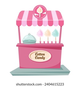 Cotton candy machine isolated. Retro cartoon pink booth with vintage frame, color puffy sweet dessert. Delicious yummy food for children. Vector illustration for party, bbq, carnival, celebration