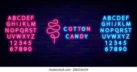 Cotton candy neon sign with alphabet. Sweet bar logo. Cake store. Child dessert on festival and party. Night bright emblem. Outer glowing effect banner. Editable stroke. Isolated vector illustration