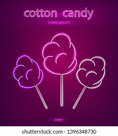 Cotton candy neon sign Vector. Glowing desserts dark background. Shinning billboard or menu template
