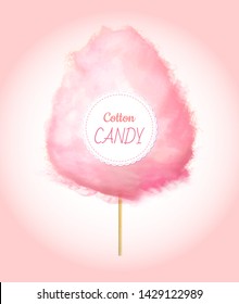 Cotton candy on stick, fluffy sugar cloud dessert isolated on pink. Vector strawberry, raspberry or cherry candyfoss, sweet snack food logo or emblem. Candyfloss, kids sugar yummy snack