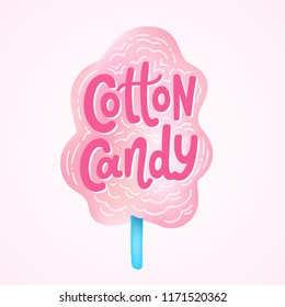 Cotton candy on stick. Text logo lettering for dessert for kids. Hand drawn vector illustration for your design. Print poster, flyers, stickers, tee, shirt. Pink color.