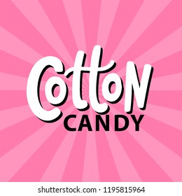 Cotton candy on stick. Text logo lettering for dessert for kids. Hand drawn vector illustration for your design. Print poster, flyers, stickers, tee, shirt. Pink color.