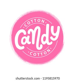 Cotton candy on stick. Text logo lettering for dessert cotton candy for kids. Hand drawn vector illustration for sweet cotton candy design. Print poster, flyers, stickers, tee, shirt. Pink color.