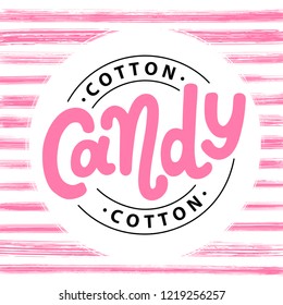 Cotton candy on stick. Text logo lettering for dessert for kids. Hand drawn vector illustration for your design. Print poster, flyers, stickers, tee, shirt. Pink color.