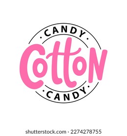 Cotton candy on stick. Text logo lettering for dessert for kids. Hand drawn vector illustration for your design. Print poster, flyers, stickers, tee, shirt. Pink color.