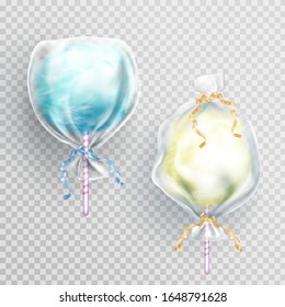 Cotton candy in package bag isolated on transparetn background. Vector realistic set of blue and yellow sugar floss clouds in clear plastic wrapper with ribbons. Sweet fluffy snack on summer fair