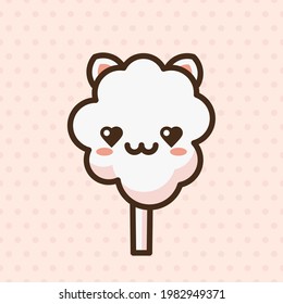 Cotton candy peach kat emoji vector character. Anime style cartoon sweet food. Funny kawaii face isolated clipart drawing. Carnival party cloud snack. Cute illustration.