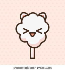 Cotton candy peach kat emoji vector character. Anime style cartoon sweet food. Funny kawaii face isolated clipart drawing. Carnival party cloud snack. Cute illustration.