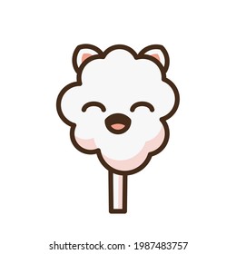 Cotton candy peach kat emoji vector character. Anime style cartoon sweet food. Funny kawaii face isolated clipart drawing. Carnival party cloud snack. Cute illustration.