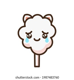 Cotton candy peach kat emoji vector character. Anime style cartoon sweet food. Funny kawaii face isolated clipart drawing. Carnival party cloud snack. Cute illustration.