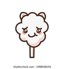 Cotton candy peach kat emoji vector character. Anime style cartoon sweet food. Funny kawaii face isolated clipart drawing. Carnival party cloud snack. Cute illustration.