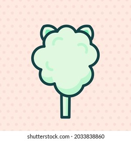 Cotton candy peach kat emoji vector character. Anime style cartoon sweet food. Funny kawaii face isolated clipart drawing. Carnival party cloud snack. Cute illustration.