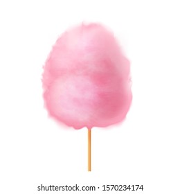 Cotton candy. Realistic pink cotton candy on wooden stick. Summer tasty and sweet snack for children in parks and food festivals. 3d vector realistic illustration isolated on white background