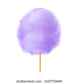 Cotton candy. Realistic purple cotton candy on wooden stick. Summer tasty and sweet snack for children in parks and food festivals. 3d vector realistic illustration isolated on white background