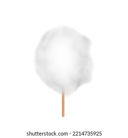 Cotton candy. Realistic white cotton sweets on wooden sticks. Summer tasty snack for children in parks and food festivals. 3d vector realistic illustration