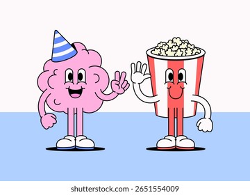 Cotton candy and a red-striped popcorn bucket, both with faces and happy expressions, waving and wearing sneakers in cartoon illustration vector hand drawn