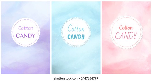 Cotton candy round label, poster or cover with circle sign, colorful advertising with dessert, snack symbol in flat design style, yummy decoration vector