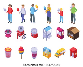 Cotton Candy Seller Icons Set Isometric Vector. Food Carnival. Fast Fair
