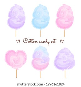 Cotton candy set isolated. Cotton candy heart. Raspberry, blackberry, bubble gum, sugar.