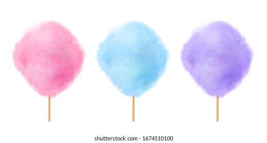 Cotton candy set. Realistic blue purple pink cotton candies on wooden sticks. Summer tasty and sweet snack for children. 3d vector realistic illustration isolated on white background