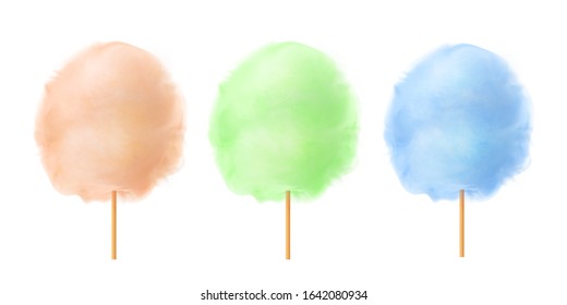 Cotton candy set. Realistic orange, green, blue cotton candies on wooden sticks. Summer tasty and sweet snack for children. 3d vector realistic illustration isolated on white background