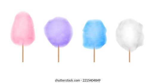 Cotton candy set. Realistic pink, purple, blue and white sugar cloud with wooden sticks isolated on white background. Delicious festive sweet treat for kids. 3d vector illustration