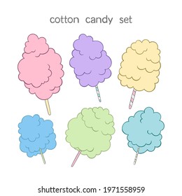 Cotton candy. Set. Summer sweetness. Lettering. Cartoon print. Isolated vector object on white background. Postcard. 