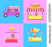 Cotton candy stalls set, hot dog and pop corn shopping tents, fresh juice drink, poster with sellers at workplaces, isolated on vector illustration