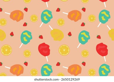 Cotton Candy With Straw Berry Lemon Fusion  Seamless Pattern For magical fruits And Summer Playful Projects , fabrics, packaging, poster