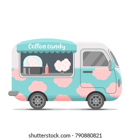 Cotton Candy Street Food Caravan Trailer. Colorful Vector Illustration, Cartoon Style, Isolated On White Background