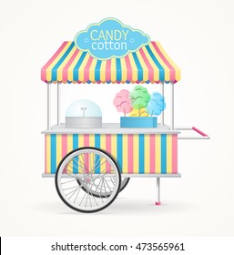 Cotton Candy Street Market Stall. Sale of Sweet Food. Vector illustration