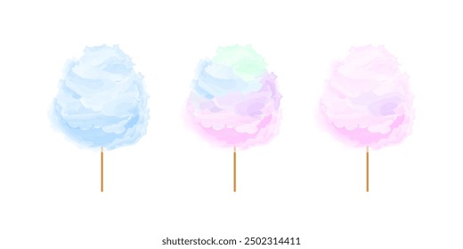 Cotton candy. Sugar dessert vector illustration set