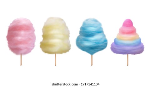 Cotton candy. Sugaring delicious food for kids sweet dessert products decent vector realistic cotton templates isolated