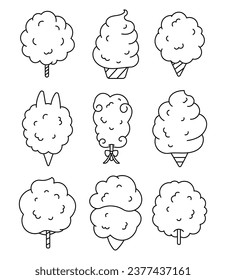 Cotton candy sweetness. Coloring Page. Sugar clouds. Sweet dessert food for kids. Hand drawn style. Vector drawing. Collection of design elements.