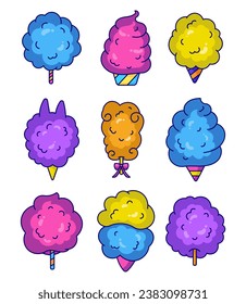 Cotton candy sweetness. Sugar clouds. Sweet dessert food for kids. Hand drawn style. Vector drawing. Collection of design elements.