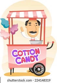 Cotton candy trolley street shop cartoon vector illustration
