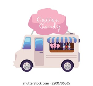 Cotton candy truck or cafeteria on wheels, flat cartoon vector illustration isolated on white background. Food truck for selling cotton candy on the street and in park.