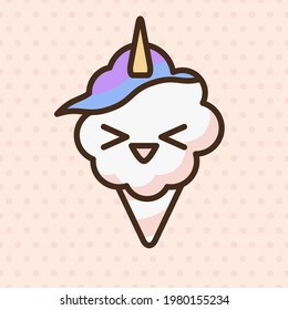 Cotton candy unicorn emoji vector character. Anime style cartoon sweet food. Funny kawaii face isolated clipart drawing. Carnival party cloud snack. Cute illustration.