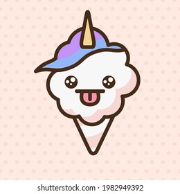 Cotton candy unicorn emoji vector character. Anime style cartoon sweet food. Funny kawaii face isolated clipart drawing. Carnival party cloud snack. Cute illustration.