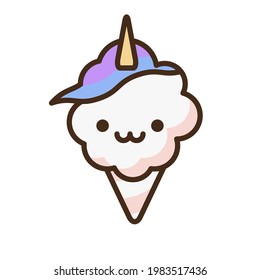 Cotton candy unicorn emoji vector character. Anime style cartoon sweet food. Funny kawaii face isolated clipart drawing. Carnival party cloud snack. Cute illustration.